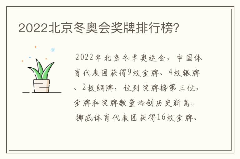 2022北京冬奥会奖牌排行榜？