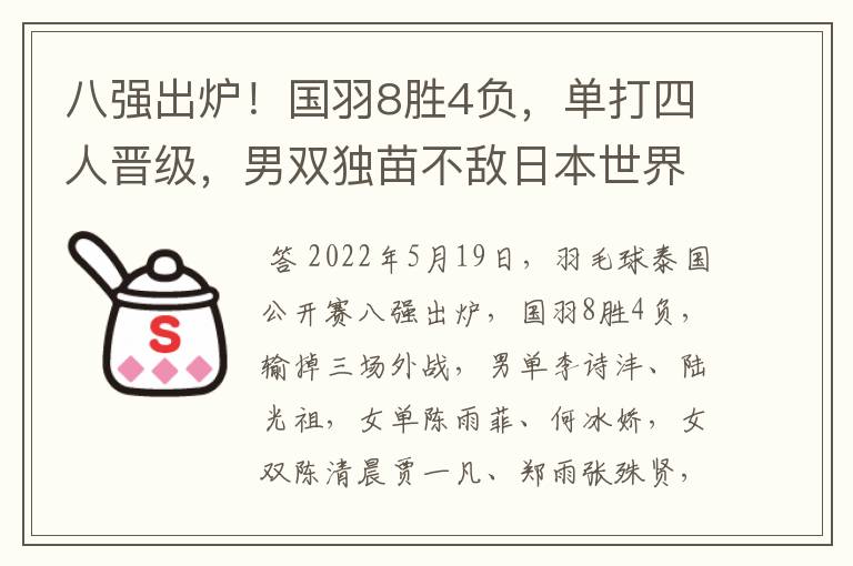 八强出炉！国羽8胜4负，单打四人晋级，男双独苗不敌日本世界冠军