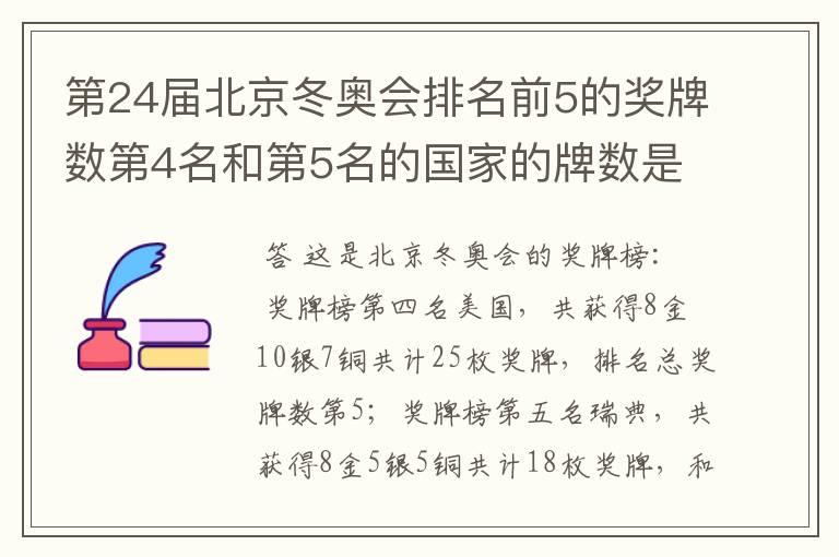 第24届北京冬奥会排名前5的奖牌数第4名和第5名的国家的牌数是多少？