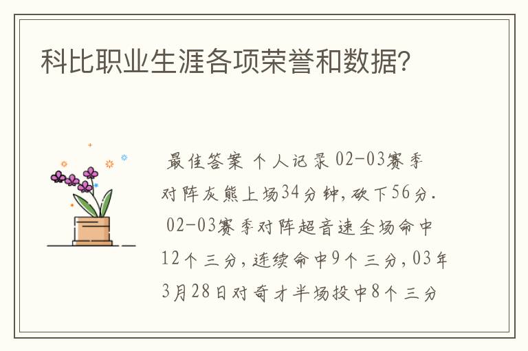 科比职业生涯各项荣誉和数据？