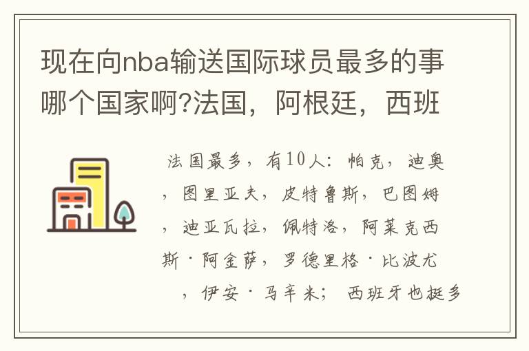 现在向nba输送国际球员最多的事哪个国家啊?法国，阿根廷，西班牙，意大利，斯洛文尼亚，尼日利亚？