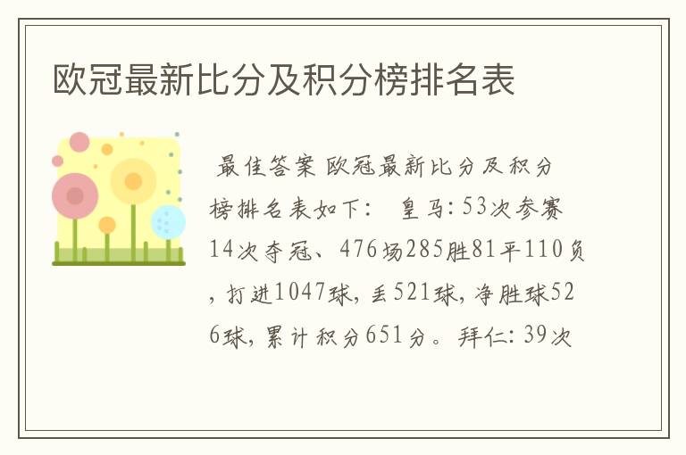 欧冠最新比分及积分榜排名表