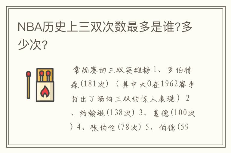 NBA历史上三双次数最多是谁?多少次?