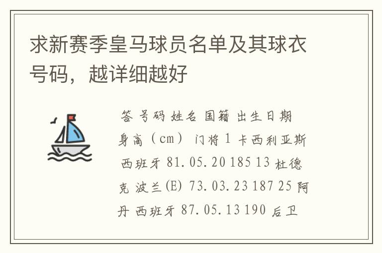 求新赛季皇马球员名单及其球衣号码，越详细越好