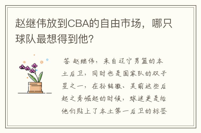 赵继伟放到CBA的自由市场，哪只球队最想得到他？