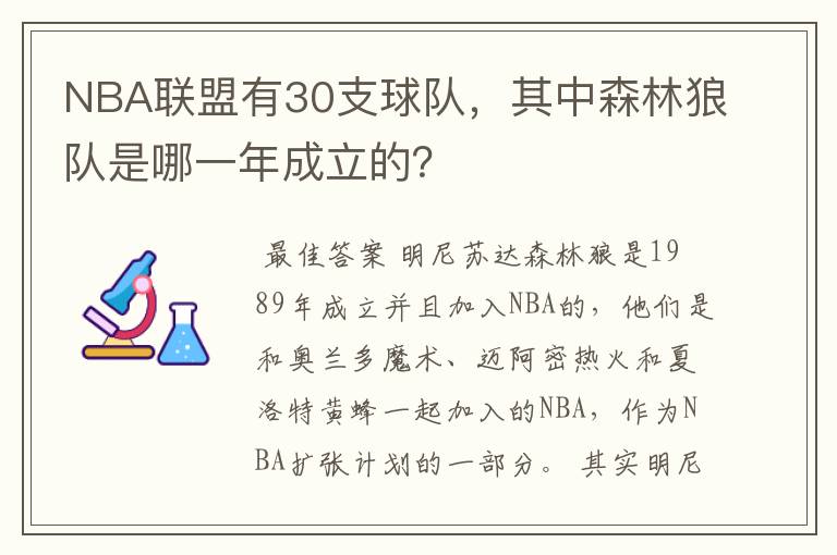 NBA联盟有30支球队，其中森林狼队是哪一年成立的？