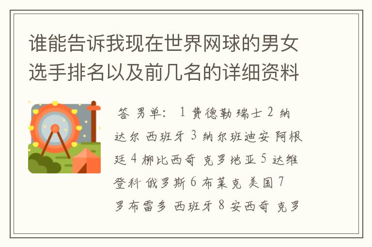 谁能告诉我现在世界网球的男女选手排名以及前几名的详细资料 都有哪些重要赛事