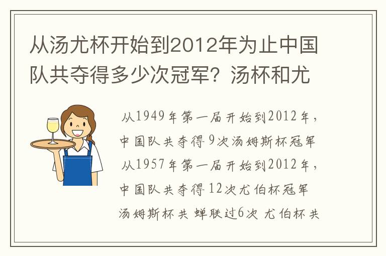 从汤尤杯开始到2012年为止中国队共夺得多少次冠军？汤杯和尤杯各蝉联过几次冠军？获得冠军的时间和