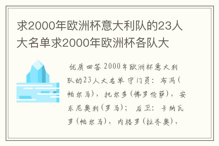 求2000年欧洲杯意大利队的23人大名单求2000年欧洲杯各队大