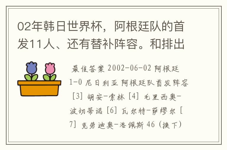 02年韩日世界杯，阿根廷队的首发11人、还有替补阵容。和排出了什么队形？是343么？以及风格战术…