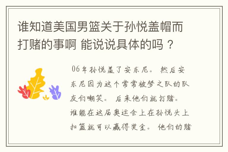 谁知道美国男篮关于孙悦盖帽而打赌的事啊 能说说具体的吗 ？