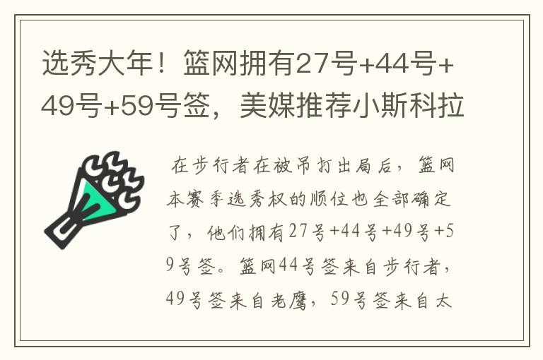 选秀大年！篮网拥有27号+44号+49号+59号签，美媒推荐小斯科拉