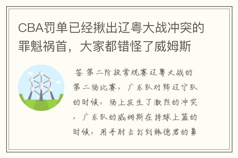 CBA罚单已经揪出辽粤大战冲突的罪魁祸首，大家都错怪了威姆斯