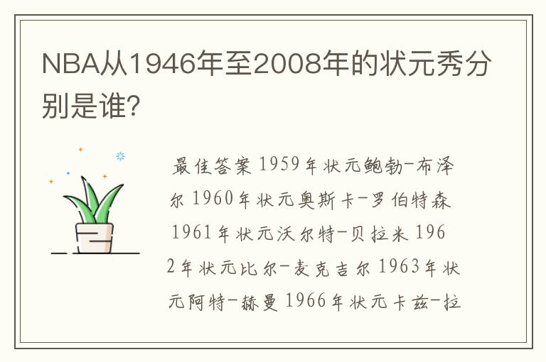 NBA从1946年至2008年的状元秀分别是谁？