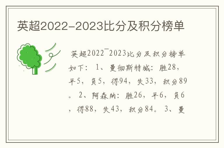 英超2022-2023比分及积分榜单