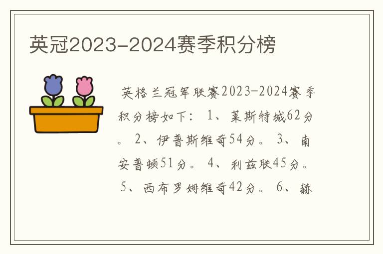 英冠2023-2024赛季积分榜