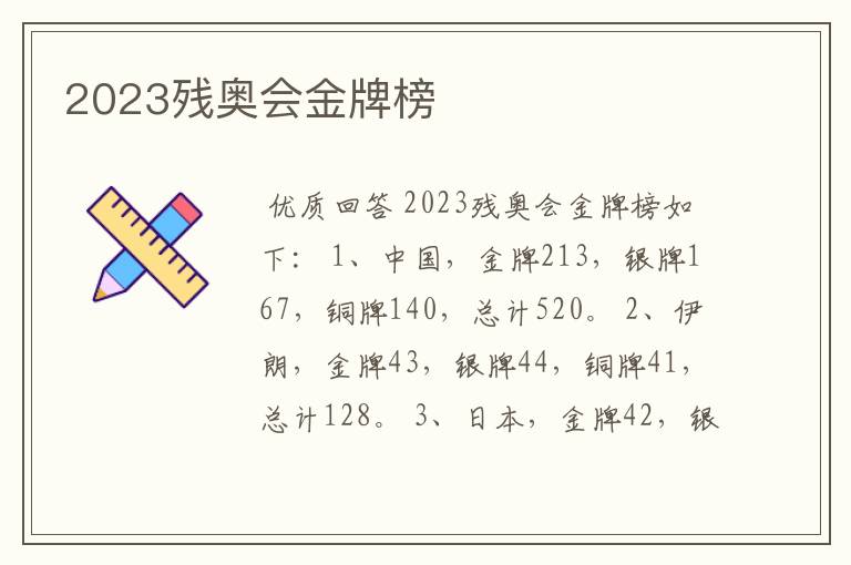 2023残奥会金牌榜