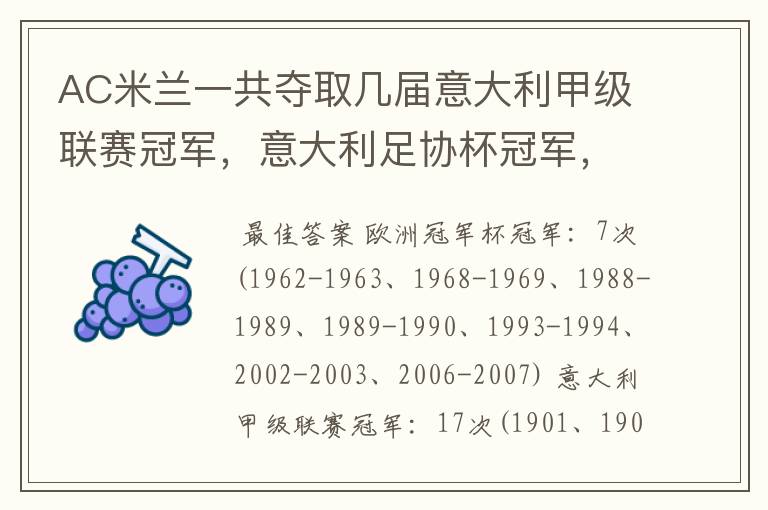 AC米兰一共夺取几届意大利甲级联赛冠军，意大利足协杯冠军，欧洲俱乐部冠军，欧洲超级杯冠军，丰田杯冠军