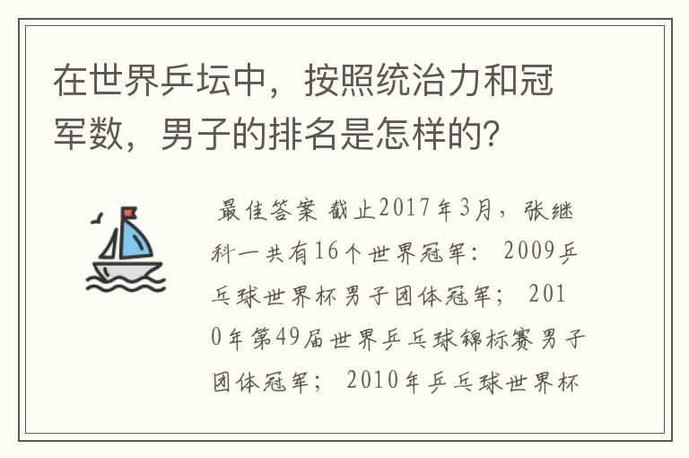 在世界乒坛中，按照统治力和冠军数，男子的排名是怎样的？