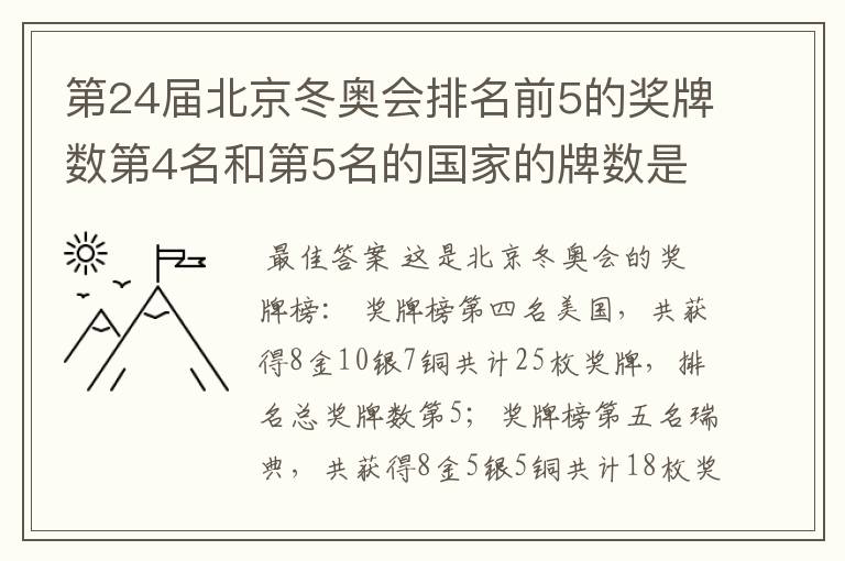 第24届北京冬奥会排名前5的奖牌数第4名和第5名的国家的牌数是多少？