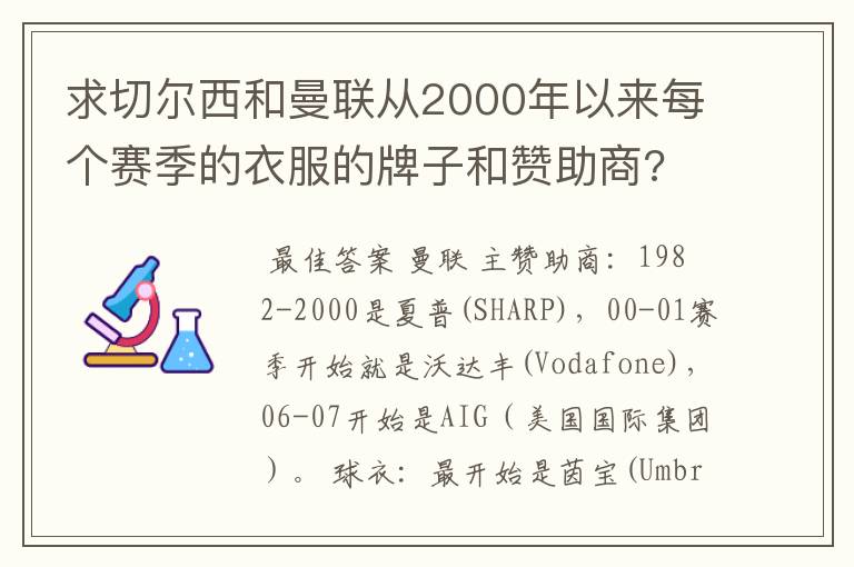 求切尔西和曼联从2000年以来每个赛季的衣服的牌子和赞助商?