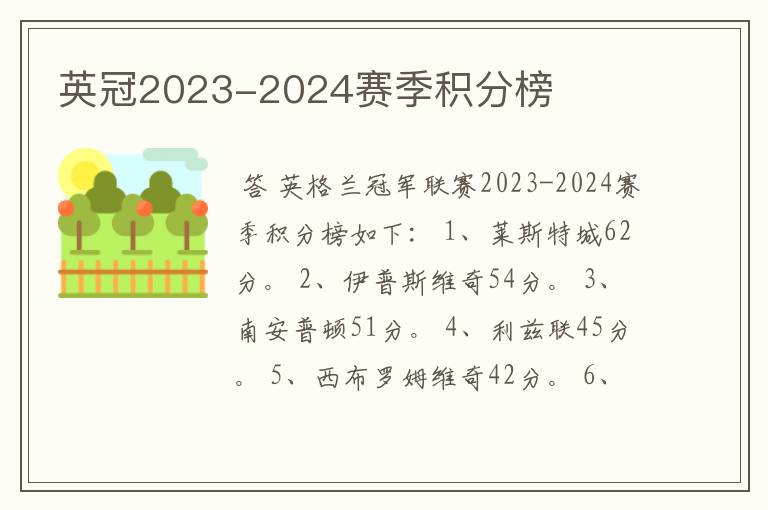 英冠2023-2024赛季积分榜