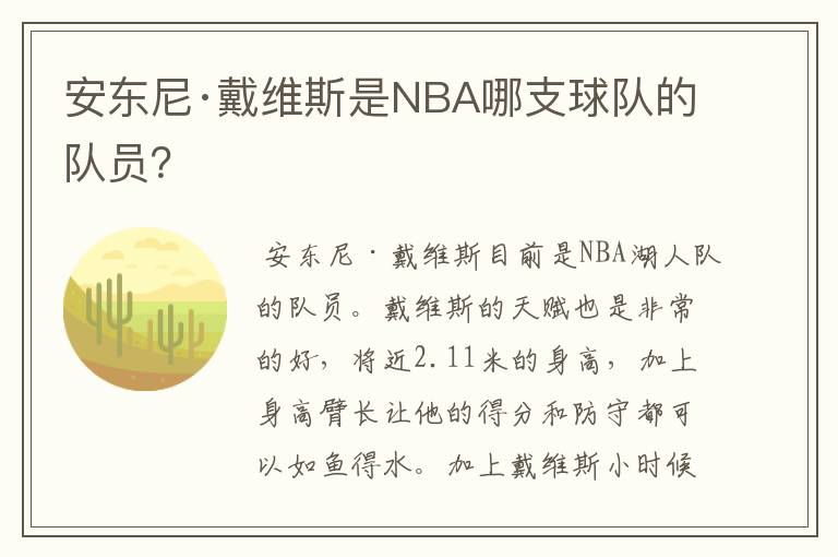 安东尼·戴维斯是NBA哪支球队的队员？