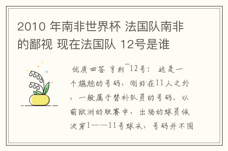 2010 年南非世界杯 法国队南非的鄙视 现在法国队 12号是谁