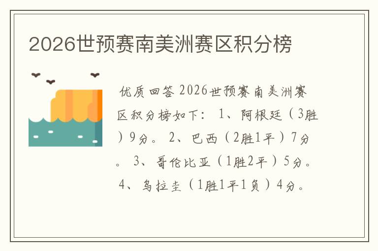 2026世预赛南美洲赛区积分榜