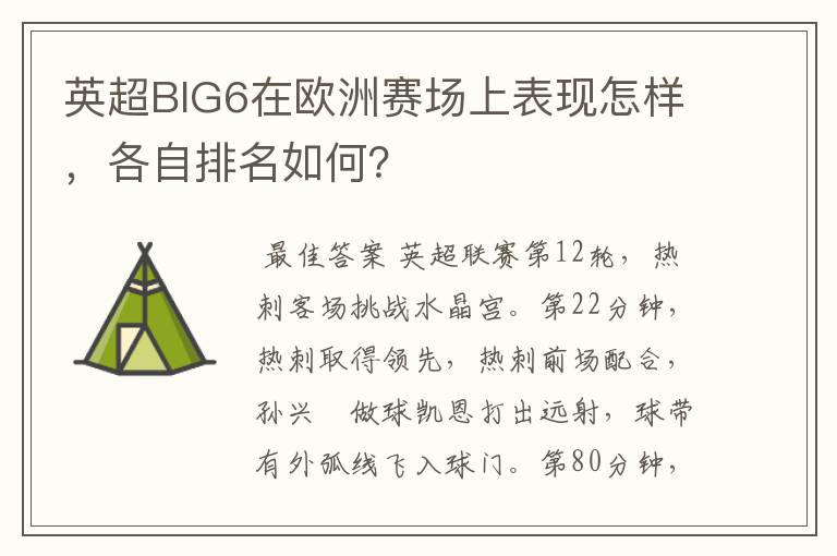 英超BIG6在欧洲赛场上表现怎样，各自排名如何？