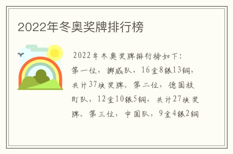 2022年冬奥奖牌排行榜