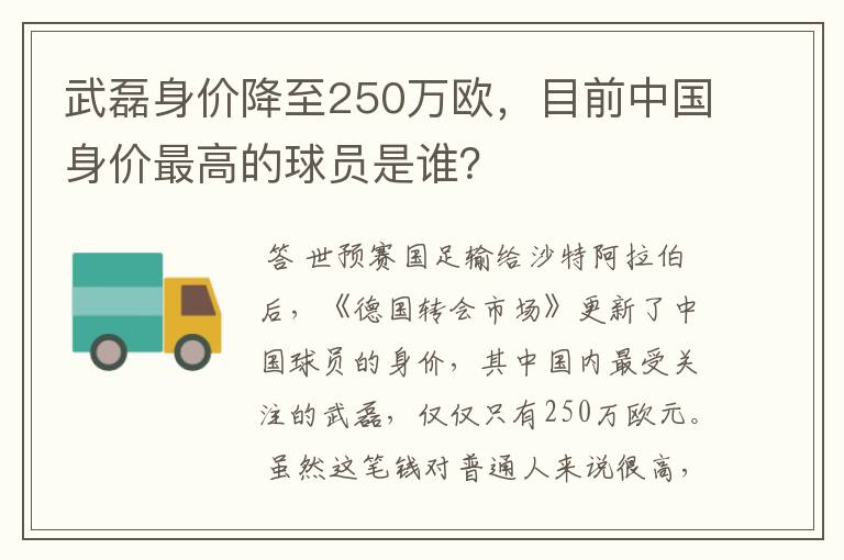 武磊身价降至250万欧，目前中国身价最高的球员是谁？