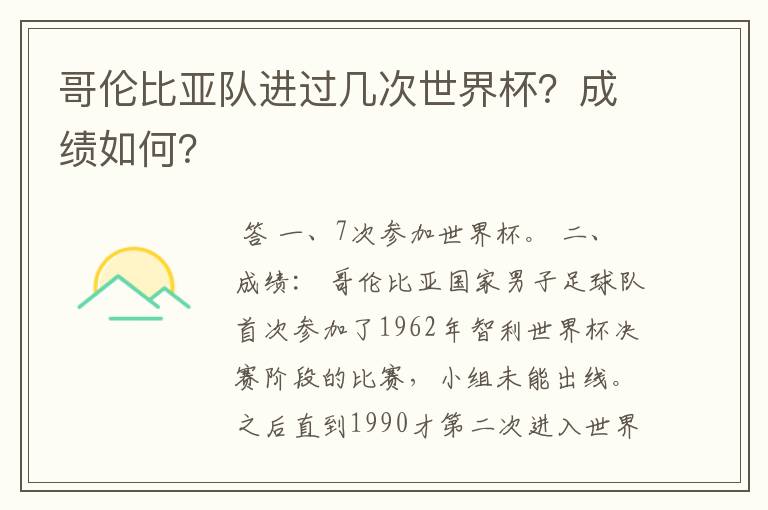 哥伦比亚队进过几次世界杯？成绩如何？