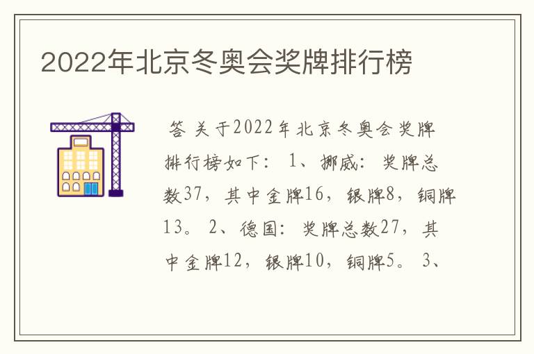 2022年北京冬奥会奖牌排行榜