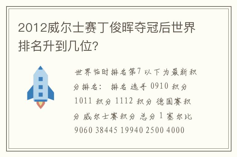 2012威尔士赛丁俊晖夺冠后世界排名升到几位?