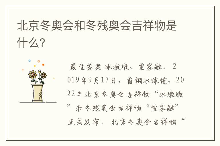 北京冬奥会和冬残奥会吉祥物是什么？