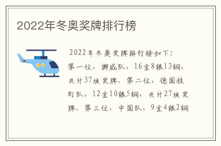 2022年冬奥奖牌排行榜