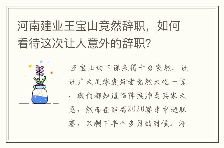 河南建业王宝山竟然辞职，如何看待这次让人意外的辞职？