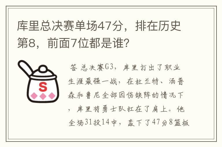 库里总决赛单场47分，排在历史第8，前面7位都是谁？