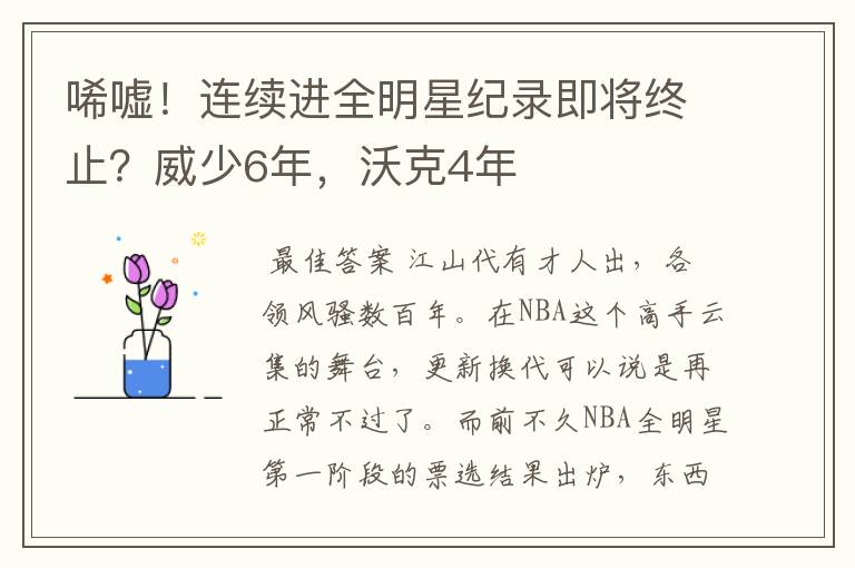 唏嘘！连续进全明星纪录即将终止？威少6年，沃克4年