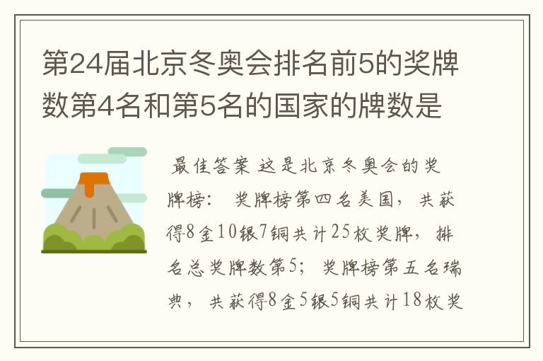 第24届北京冬奥会排名前5的奖牌数第4名和第5名的国家的牌数是多少？