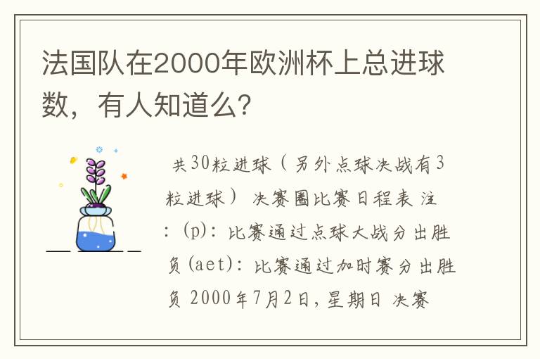 法国队在2000年欧洲杯上总进球数，有人知道么？