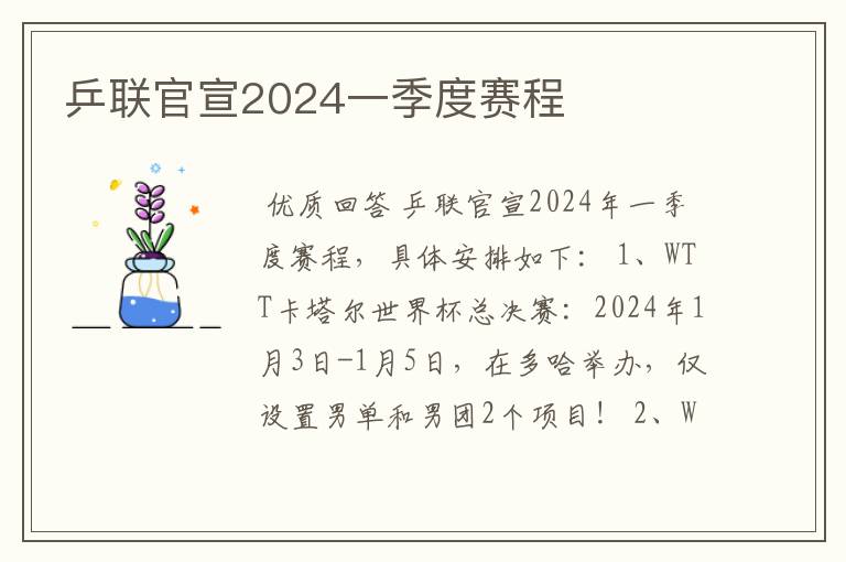 乒联官宣2024一季度赛程