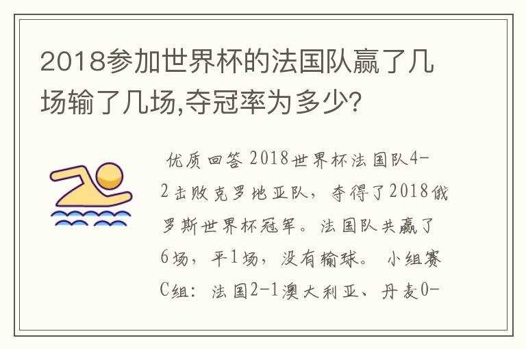 2018参加世界杯的法国队赢了几场输了几场,夺冠率为多少？