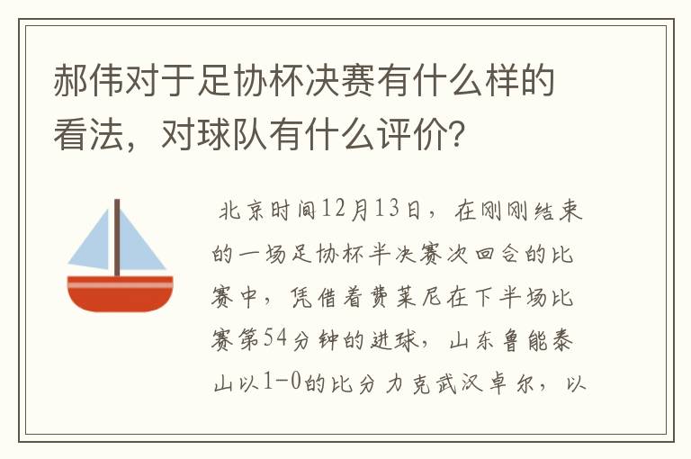 郝伟对于足协杯决赛有什么样的看法，对球队有什么评价？