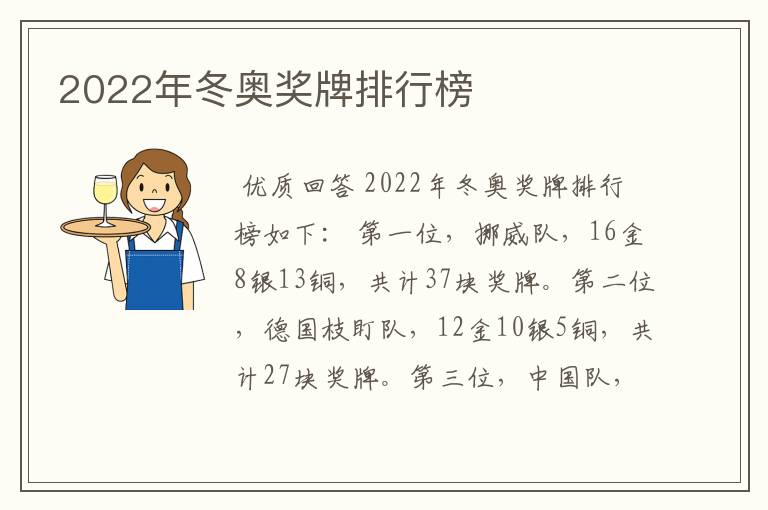 2022年冬奥奖牌排行榜