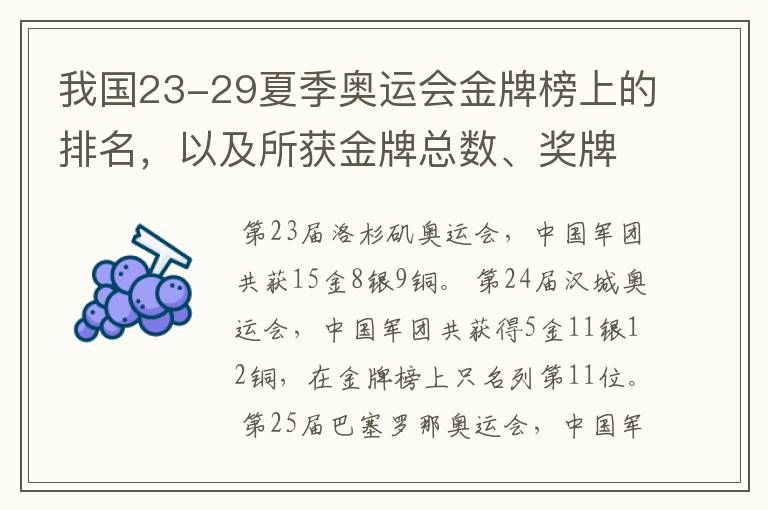 我国23-29夏季奥运会金牌榜上的排名，以及所获金牌总数、奖牌总数、奖牌分布