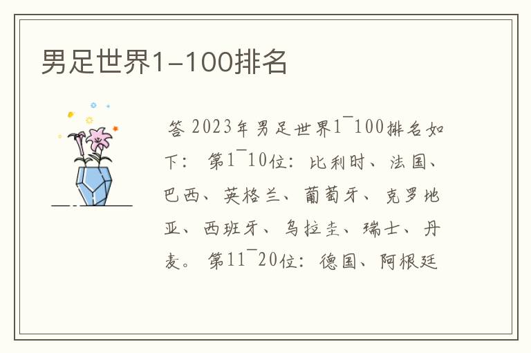 男足世界1-100排名