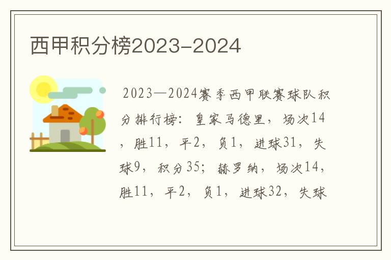 西甲积分榜2023-2024