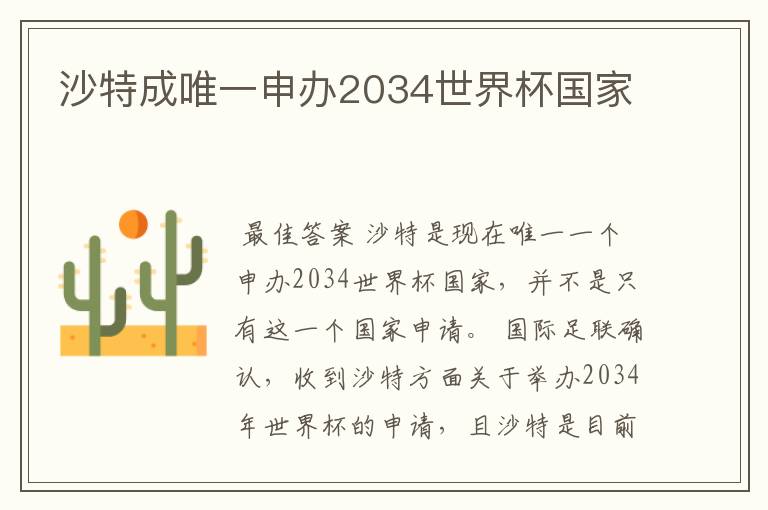 沙特成唯一申办2034世界杯国家